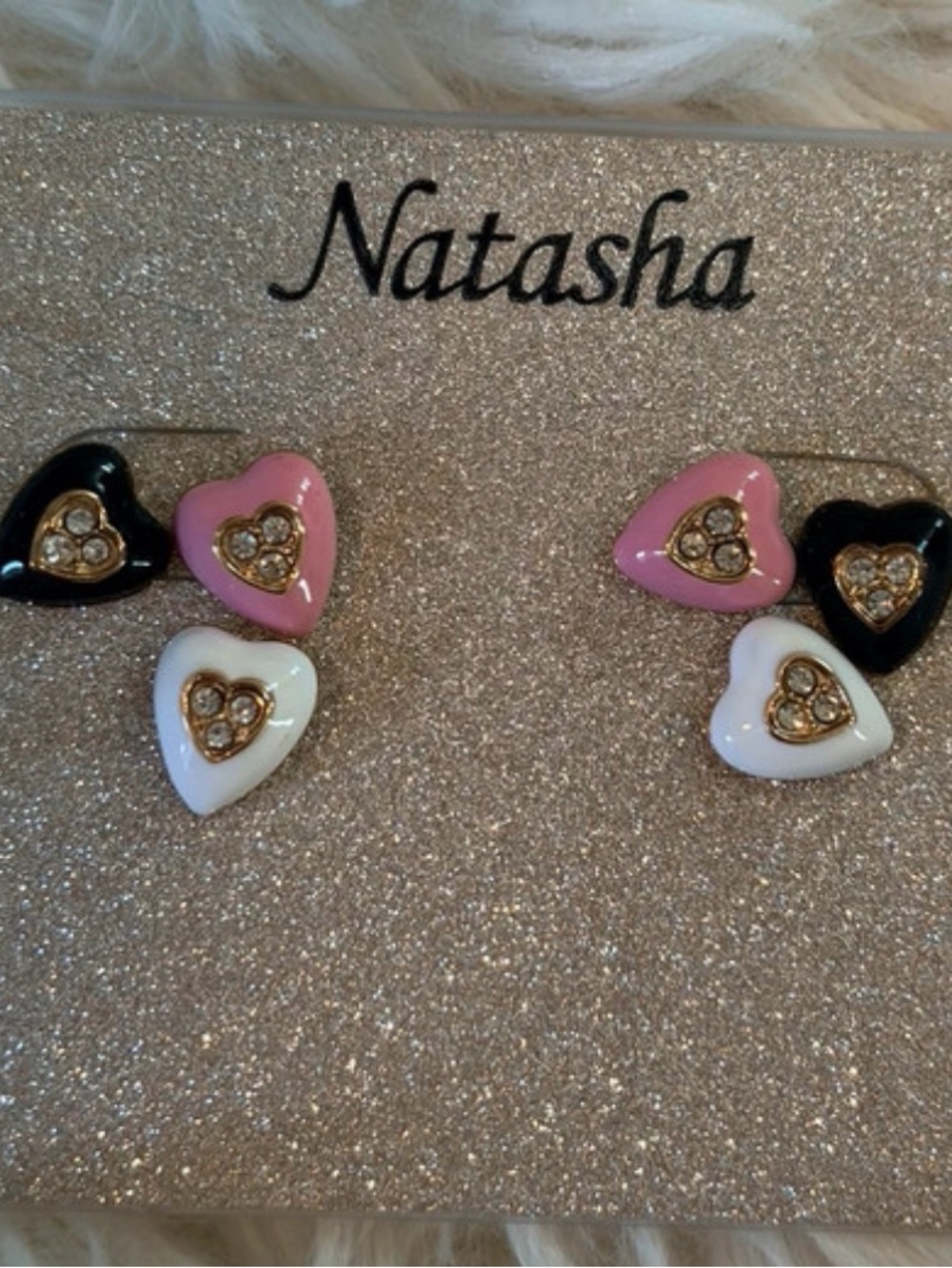 Natasha Pink, Black & White Heart Trio Stud Earrings
